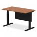The image features a sleek and modern dynamic sit-stand and height adjustable desk in a walnut finish. It has cable ports for easy wire management and a black leg with a matching steel modesty panel. The desk measures 1400 x 800mm and provides plenty of space for productivity. Perfect for any office setting, this desk offers both style and functionality.