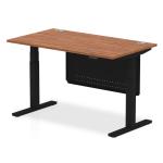 Air Modesty 1400 x 800mm Height Adjustable Office Desk Walnut Top Cable Ports Black Leg With Black Steel Modesty Panel HA01450