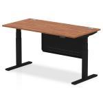 Air Modesty 1600 x 800mm Height Adjustable Office Desk Walnut Top Cable Ports Black Leg With Black Steel Modesty Panel HA01451