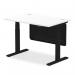 This picture features a modern office desk with a white top and black legs. The desk is equipped with height-adjustable capabilities and cable ports, and it also has a black steel modesty panel for added privacy. The size of the desk is 1200 x 800mm, making it suitable for various work environments.