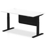 Air Modesty 1600 x 800mm Height Adjustable Office Desk White Top Cable Ports Black Leg With Black Steel Modesty Panel HA01455