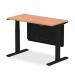 The picture features a dynamic sit stand and height adjustable desk with a 1200 x 600mm beech top. It has sleek black legs with cable ports and a matching black steel modesty panel. The versatility of this desk allows for comfortable and efficient work in any office setting.
