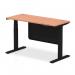 The Dynamic Sit Stand and Height Adjustable Desks feature a modern design with a sleek beech top and black steel accents. The desk is 1400 x 600mm in size and includes convenient cable ports for organization. The height is easily adjustable, making it suitable for any workspace. A black steel modesty panel adds both style and privacy to this versatile desk.