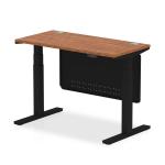 Air Modesty 1200 x 600mm Height Adjustable Office Desk Walnut Top Cable Ports Black Leg With Black Steel Modesty Panel HA01469