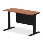 Air Modesty 1400 x 600mm Height Adjustable Office Desk Walnut Top Cable Ports Black Leg With Black Steel Modesty Panel HA01470