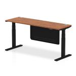 Air Modesty 1800 x 600mm Height Adjustable Office Desk Walnut Top Cable Ports Black Leg With Black Steel Modesty Panel HA01472