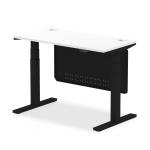 Air Modesty 1200 x 600mm Height Adjustable Office Desk White Top Cable Ports Black Leg With Black Steel Modesty Panel HA01473