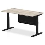 Air Modesty 1600 x 800mm Height Adjustable Office Desk Grey Oak Top Cable Ports Black Leg With Black Steel Modesty Panel HA01491