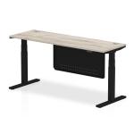 Air Modesty 1800 x 600mm Height Adjustable Office Desk Grey Oak Top Cable Ports Black Leg With Black Steel Modesty Panel HA01496