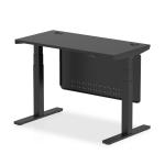 Air Modesty Black Series 1200 x 600mm Height Adjustable Office Desk Black Top with Cable Ports Black Leg With Black Steel Modesty Panel HA01501