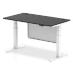 Air Modesty Black Series 1400 x 800mm Height Adjustable Office Desk Black Top with Cable Ports White Leg With White Steel Modesty Panel HA01506