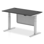 Air Modesty Black Series 1400 x 800mm Height Adjustable Office Desk Black Top with Cable Ports Silver Leg With Silver Steel Modesty Panel HA01514