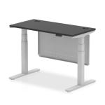 Air Modesty Black Series 1200 x 600mm Height Adjustable Office Desk Black Top with Cable Ports Silver Leg With Silver Steel Modesty Panel HA01517