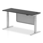 Air Modesty Black Series 1600 x 600mm Height Adjustable Office Desk Black Top with Cable Ports Silver Leg With Silver Steel Modesty Panel HA01519