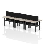 Air Back-to-Back 1200 x 600mm Height Adjustable 6 Person Bench Desk Grey Oak Top with Cable Ports Black Frame with Black Straight Screen HA01609