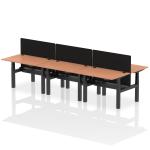 Air Back-to-Back 1200 x 800mm Height Adjustable 6 Person Bench Desk Beech Top with Cable Ports Black Frame with Black Straight Screen HA01783