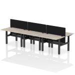 Air Back-to-Back 1200 x 800mm Height Adjustable 6 Person Bench Desk Grey Oak Top with Cable Ports Black Frame with Black Straight Screen HA01795