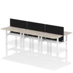 Air Back-to-Back 1200 x 800mm Height Adjustable 6 Person Bench Desk Grey Oak Top with Cable Ports White Frame with Black Straight Screen HA01799
