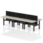 Air Back-to-Back 1200 x 800mm Height Adjustable 6 Person Bench Desk Grey Oak Top with Scalloped Edge Black Frame with Black Straight Screen HA01801