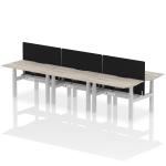 Air Back-to-Back 1200 x 800mm Height Adjustable 6 Person Bench Desk Grey Oak Top with Scalloped Edge Silver Frame with Black Straight Screen HA01803