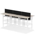 Air Back-to-Back 1200 x 800mm Height Adjustable 6 Person Bench Desk Grey Oak Top with Scalloped Edge White Frame with Black Straight Screen HA01805
