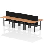 Air Back-to-Back 1200 x 800mm Height Adjustable 6 Person Bench Desk Oak Top with Scalloped Edge Black Frame with Black Straight Screen HA01825