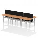 Air Back-to-Back 1200 x 800mm Height Adjustable 6 Person Office Bench Desk Oak Top with Scalloped Edge Silver Frame with Black Straight Screen HA01827