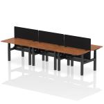 Air Back-to-Back 1200 x 800mm Height Adjustable 6 Person Bench Desk Walnut Top with Cable Ports Black Frame with Black Straight Screen HA01831