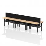 Air Back-to-Back 1400 x 600mm Height Adjustable 6 Person Office Bench Desk Maple Top with Cable Ports Black Frame with Black Straight Screen HA01939