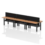 Air Back-to-Back 1400 x 600mm Height Adjustable 6 Person Bench Desk Oak Top with Cable Ports Black Frame with Black Straight Screen HA01945