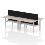 Air Back-to-Back 1400 x 800mm Height Adjustable 4 Person Bench Desk Grey Oak Top with Scalloped Edge Silver Frame with Black Straight Screen HA02055