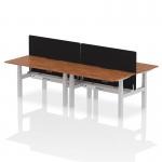 Air Back-to-Back 1400 x 800mm Height Adjustable 4 Person Office Bench Desk Walnut Top with Scalloped Edge Silver Frame with Black Straight Screen HA02091