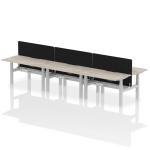 Air Back-to-Back 1400 x 800mm Height Adjustable 6 Person Bench Desk Grey Oak Top with Scalloped Edge Silver Frame with Black Straight Screen HA02127