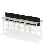 Air Back-to-Back 1400 x 800mm Height Adjustable 6 Person Bench Desk Grey Oak Top with Scalloped Edge White Frame with Black Straight Screen HA02129