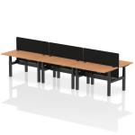 Air Back-to-Back 1400 x 800mm Height Adjustable 6 Person Bench Desk Oak Top with Cable Ports Black Frame with Black Straight Screen HA02143