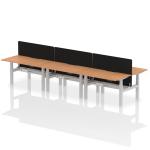 Air Back-to-Back 1400 x 800mm Height Adjustable 6 Person Bench Desk Oak Top with Scalloped Edge Silver Frame with Black Straight Screen HA02151
