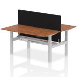Air Back-to-Back 1600 x 800mm Height Adjustable 2 Person Bench Desk Walnut Top with Scalloped Edge Silver Frame with Black Straight Screen HA02343