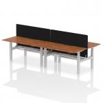 Air Back-to-Back 1600 x 800mm Height Adjustable 4 Person Office Bench Desk Walnut Top with Scalloped Edge Silver Frame with Black Straight Screen HA02415