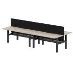Air Back-to-Back 1800 x 800mm Height Adjustable 4 Person Bench Desk Grey Oak Top with Scalloped Edge Black Frame with Charcoal Straight Screen HA02701