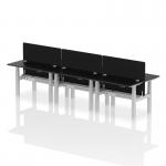 Air Back-to-Back 1200 x 600mm Height Adjustable 6 Person Office Bench Desk Black Top with Cable Ports Silver Frame with Black Straight Screen HA02841