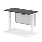 Air Modesty 1200 x 600mm Height Adjustable Office Desk Black Top Cable Ports White Leg With White Steel Modesty Panel HA03179