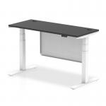 Air Modesty 1400 x 600mm Height Adjustable Office Desk Black Top Cable Ports White Leg With White Steel Modesty Panel HA03182