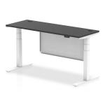 Air Modesty 1600 x 600mm Height Adjustable Office Desk Black Top Cable Ports White Leg With White Steel Modesty Panel HA03185