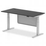 Air Modesty 1600 x 800mm Height Adjustable Office Desk Black Top Cable Ports Silver Leg With Silver Steel Modesty Panel HA03196