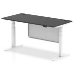 Air Modesty 1600 x 800mm Height Adjustable Office Desk Black Top Cable Ports White Leg With White Steel Modesty Panel HA03197