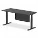 This photo shows a sleek and modern office desk, measuring 1800 x 800mm, with a black top and adjustable height options. It features cable ports for organization and a steel modesty panel in black to add privacy. The black legs add a touch of sophistication to this dynamic sit-stand desk.