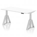 This image features a sleek white top and silver legs of a height adjustable office desk. The desk is 1600 x 800mm in size and has a unique Piste Foot for added stability. The desk can easily switch between sitting and standing positions, making it perfect for any dynamic workspace.