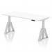 The photo shows a sleek and modern Dynamic Sit Stand and Height Adjustable Desk. The desk has an air of elegance with a white top and silver legs. The Piste foot adds a touch of style and functionality. The desk measures 1800 x 800mm and is perfect for a height adjustable office setup.