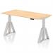 This image showcases a sleek and modern dynamic sit stand desk with a height adjustable feature. The desk is 1600 x 800mm and is made with a maple top and silver legs. It also includes a piste foot for stability. The overall look is professional and functional.