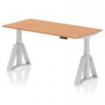 The desk is a sleek and modern office desk with a smooth oak top and silver legs. The innovative design allows for easy sit-stand transitions and height adjustments of 1600 x 800mm. The Piste foot provides stability and adds a touch of style to the overall look.